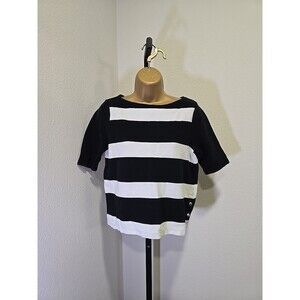 Lauren Ralph Lauren Black White Stripe Sweater Womens M Boxy Preppy Short Sleeve